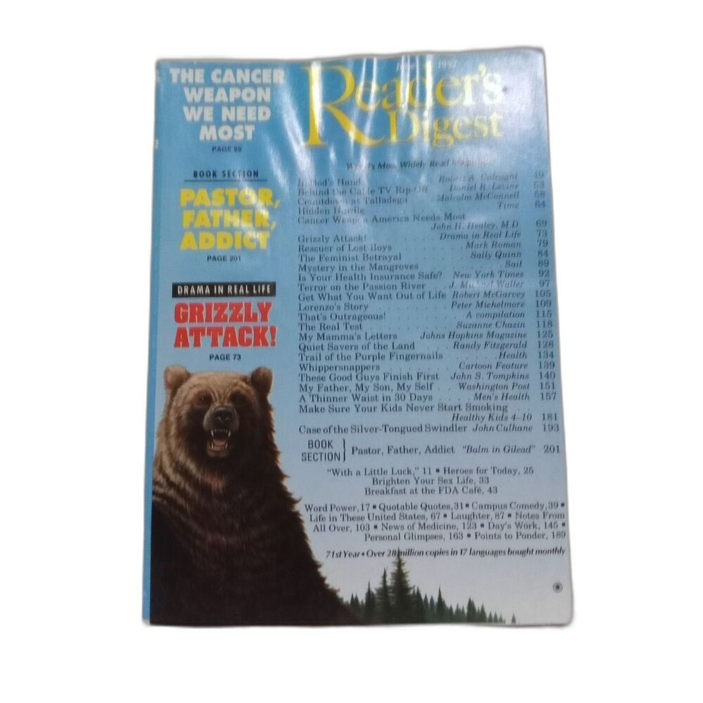 READERS DIGEST Magazine June 1992 Grizzly Attack Sally Quinn Feminism Talladega